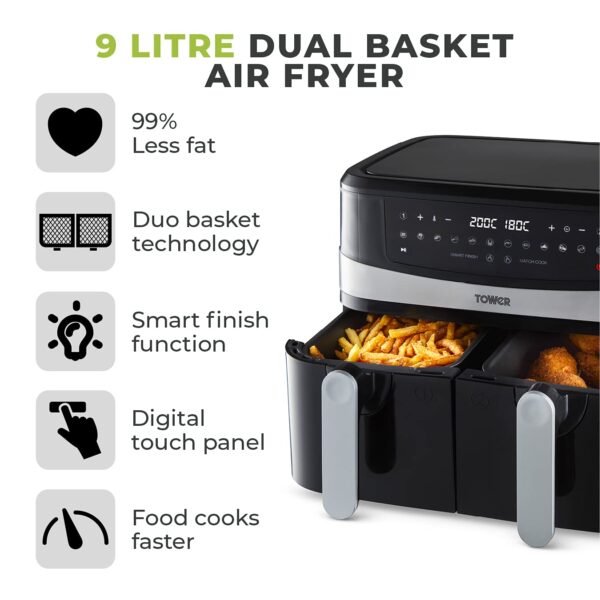 Tower T17088 Vortx 9L Dual Basket Air Fryer with Smart Finish, 2600W, Black - Image 19